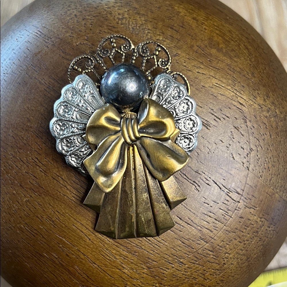 Vintage JacWIN Gold Bow Angel Brooch with Silver Filigree